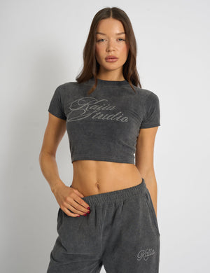 Kaiia Studio Diamante Acid Wash Baby Tee Dark Grey