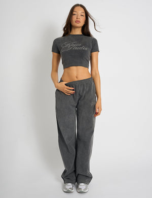 Kaiia Studio Diamante Acid Wash Baby Tee Dark Grey