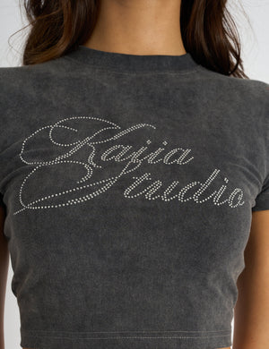 Kaiia Studio Diamante Acid Wash Baby Tee Dark Grey