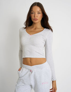 Kaiia Bow Detail Ruched Top Light Grey Marl