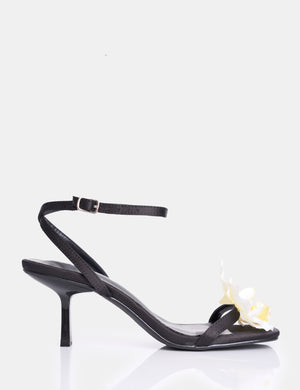 Nara Black Satin White Orchid Flower Square Toe Stiletto Mid Heels