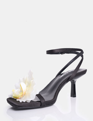 Nara Black Satin White Orchid Flower Square Toe Stiletto Mid Heels