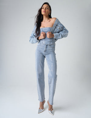 Diamante Denim Cropped Jacket Blue