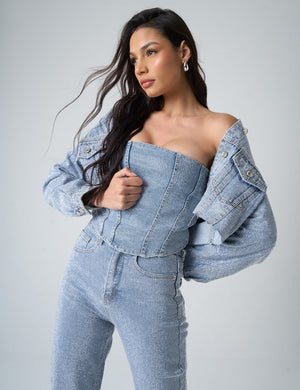 Diamante Denim Cropped Jacket Blue