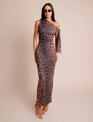 Knot Detail Asymmetric One Shoulder Luxe Slinky Maxi Dress Leopard