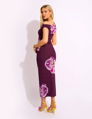 Asymmetric One Shoulder Floral Maxi Dress Burgundy