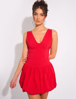 Plunge Bubble Hem Mini Dress Red