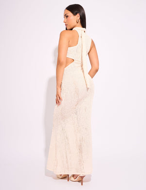 Textured Asymmetric Cut Out Maxi Dress Cream