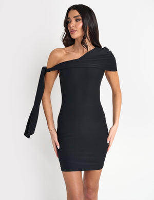 Slinky Over Shoulder Tie Detail Mini Dress Black