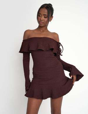 Textured Bardot Mini Dress Chocolate