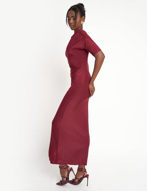 Slinky Ruched Detail Maxi Dress Burgundy