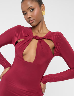 Twist Detail Plunge Mini Dress Burgundy