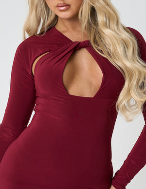 Twist Detail Plunge Mini Dress Burgundy