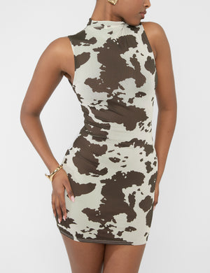 High Neck Mini Dress Cow Print