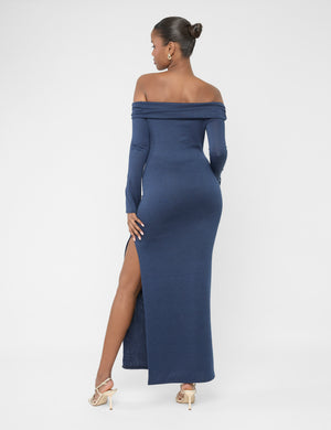 Long Sleeve Off The Shoulder Bardot Maxi Dress Navy