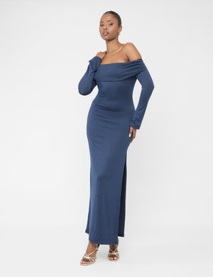 Long Sleeve Off The Shoulder Bardot Maxi Dress Navy