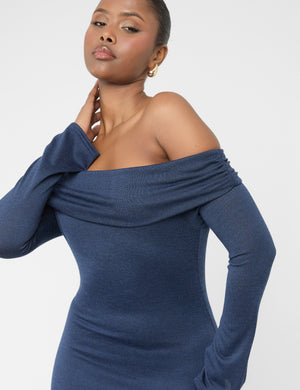 Long Sleeve Off The Shoulder Bardot Maxi Dress Navy