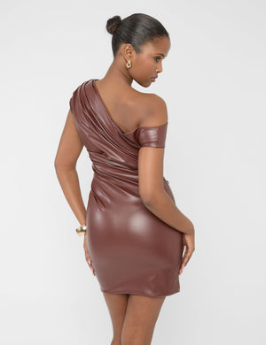 Faux Leather Ruched Detail One Shoulder Mini Dress Brown