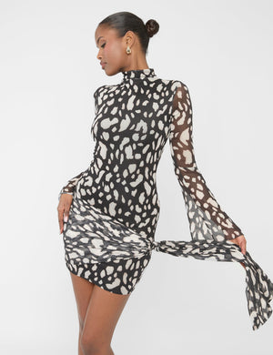 Mesh Knot Detail High Neck Mini Dress Animal Print