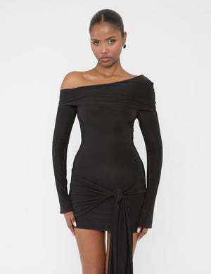 Knot Drape Detail Slinky Long Sleeve Mini Dress Black