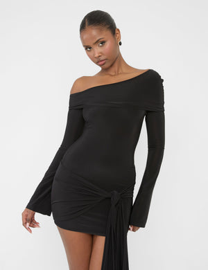 Knot Drape Detail Slinky Long Sleeve Mini Dress Black