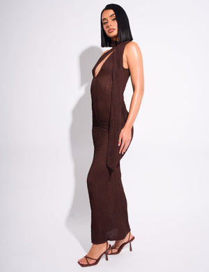 Textured Scarf Detail Cut Out Maxi Dress Chocolate