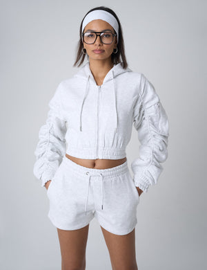 Ruched Sleeve Zip Up Cropped Hoodie Grey Marl