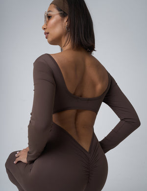 Cut Out Back Detail Long Sleeve Jumpsuit Beige