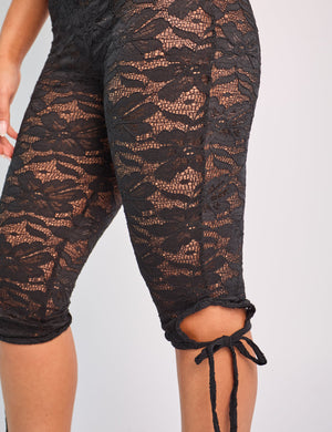 Tie Detail Lace Capri Leggings Black