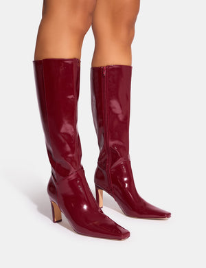 Pose Burgundy Patent Zip Knee High Slim Block Heeled Boots