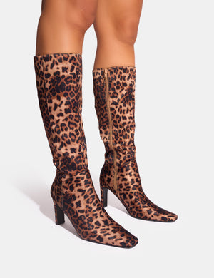 Pose Leopard Zip Up Knee High Slim Block Heeled Boots