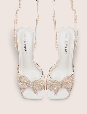 Possesive White Pu Pearl Bow Court High Heels