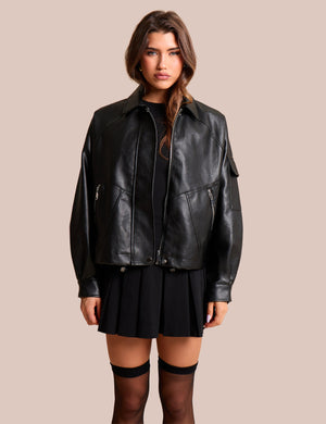 Oversized Faux Leather Biker Jacket Black