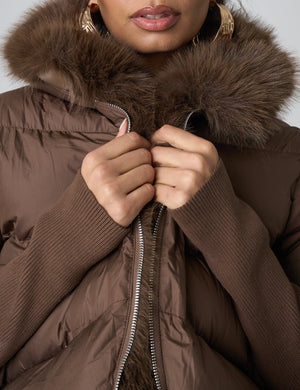 Faux Fur Trim Hooded Puffer Coat Chocolate