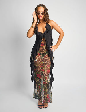 Printed Mesh Maxi Skirt Multi