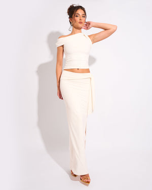 Knot Detail Luxe Slinky Maxi Skirt White