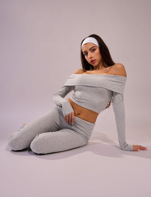 Rib Foldover Long Sleeve Top Grey