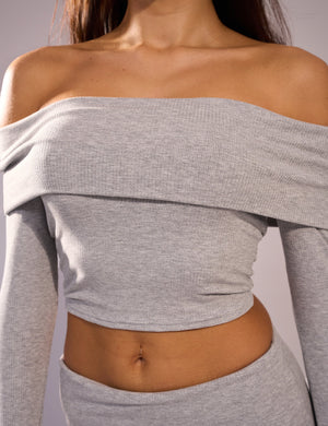 Rib Foldover Long Sleeve Top Grey