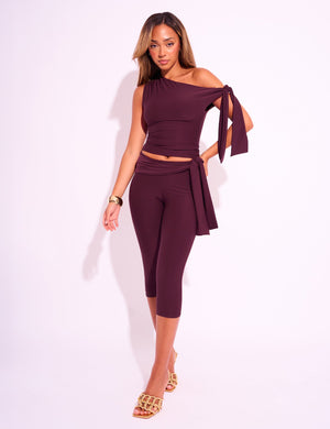 Knot Detail Asymmetric One Shoulder Luxe Slinky Top Burgundy