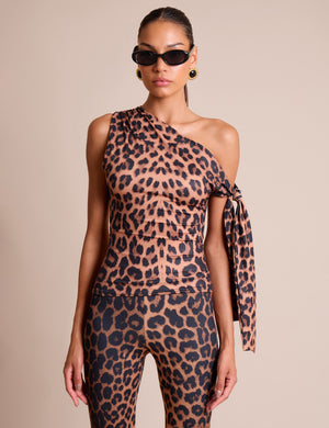 Knot Detail Asymmetric One Shoulder Luxe Slinky Top Leopard