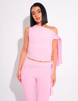 Knot Detail Asymmetric One Shoulder Luxe Slinky Top Pink