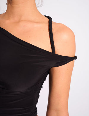 Slinky Twist Strap Asymmetric Luxe Top Black