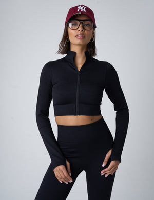 Ribbed Cropped Zip Long Sleeve Top Black