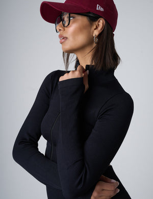 Ribbed Cropped Zip Long Sleeve Top Black