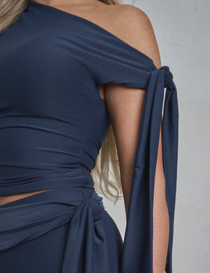 Knot Detail Asymmetric One Shoulder Luxe Slinky Top Navy