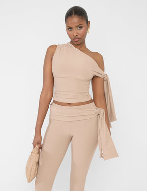 Knot Detail Asymmetric One Shoulder Luxe Slinky Top Latte