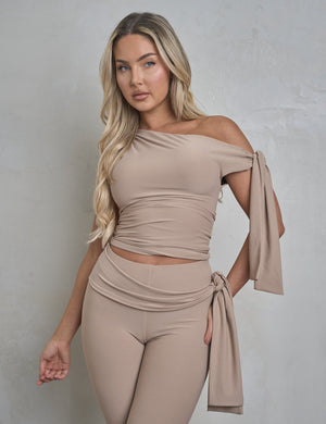 Knot Detail Asymmetric One Shoulder Luxe Slinky Top Latte