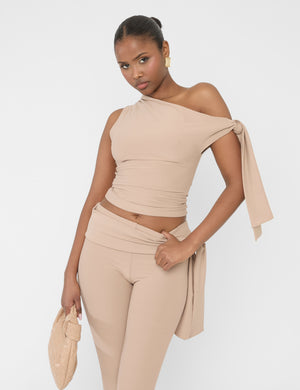 Knot Detail Asymmetric One Shoulder Luxe Slinky Top Latte