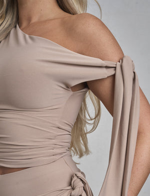 Knot Detail Asymmetric One Shoulder Slinky Top Latte