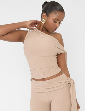 Knot Detail Asymmetric One Shoulder Luxe Slinky Top Latte